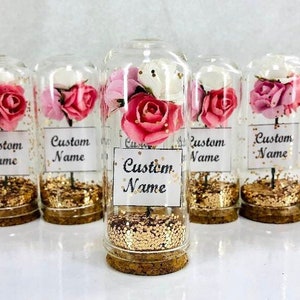 1&100Pcs The Most Beauty and the Beast Wholesale Guest Wedding Gifts, Pink and White Rose Bridal Favors With Gold Glitter, Engagement Shower