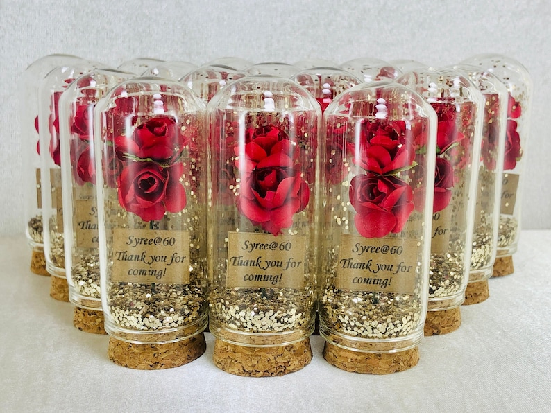 Prachtige aanpasbare roos in glas goud glitter bruiloft gast geschenken, groothandel baby verjaardag doop feestartikelen, gast dank u souvenirs afbeelding 1