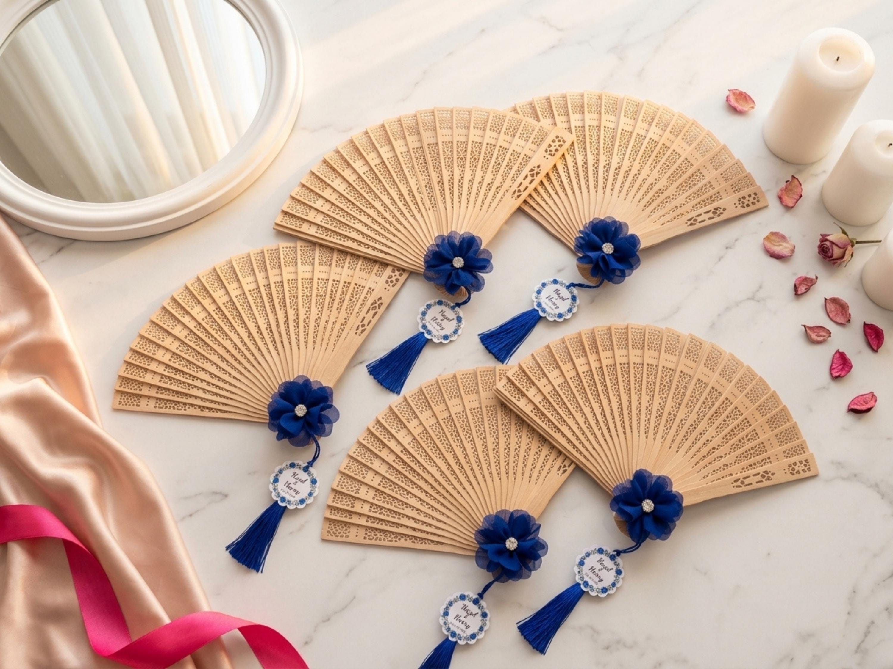 50Pcs Navy Blue Wedding Fan Favor Personalized Sandalwood Folding Fan