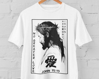 Geen grotere liefde Christian Anime Shirt John 15 Anime-Stijl Bijbel T-Shirt Christian Esthetische Kanji TShirt Bijbel Anime Japanse Bijbel Tee
