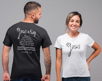 Koning Jezus T-shirt | Jesaja 9:6, voor- en achterkant, uniseks pasvorm | Jezus is Koning / Jezus is Heer / Christus is Koning / Christus is Heer / De Schrift
