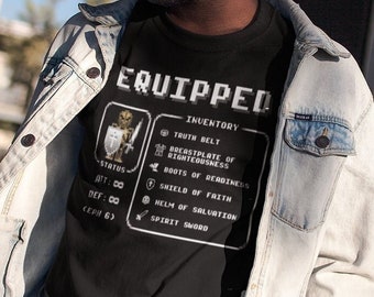 christelijke gamer-T-shirt | Uitgerust met de wapenrusting van God: Sword of the Spirit / RPG-inventaris / Retro Gaming