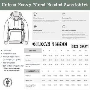 May include: A size chart for a unisex hooded sweatshirt made of a blend of cotton and polyester. The chart shows measurements in inches and centimeters for sizes S through 5XL. The sweatshirt is described as having a classic fit, a tear-away label, and spacious pockets. The fabric is medium-heavy weight, 8.0 oz/yd&sup2; (271 g/m&sup2;). The sweatshirt has a drawstring hood and no side seams.