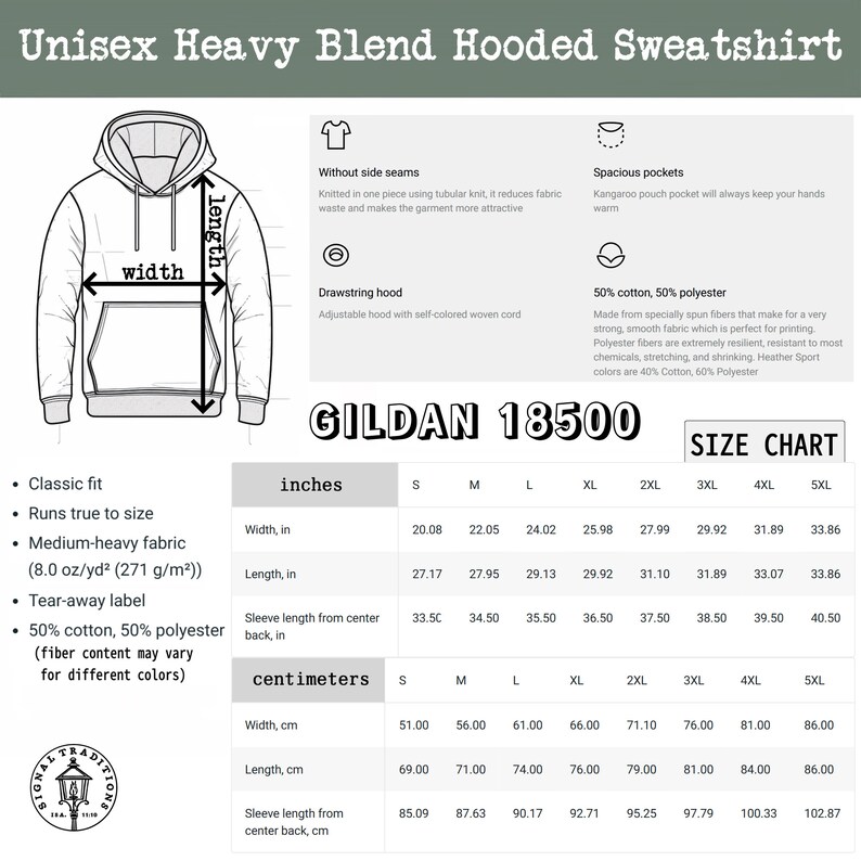 May include: A size chart for a unisex hooded sweatshirt made of a blend of cotton and polyester. The chart shows measurements in inches and centimeters for sizes S through 5XL. The sweatshirt is described as having a classic fit, a tear-away label, and spacious pockets. The fabric is medium-heavy weight, 8.0 oz/yd&sup2; (271 g/m&sup2;). The sweatshirt has a drawstring hood and no side seams.