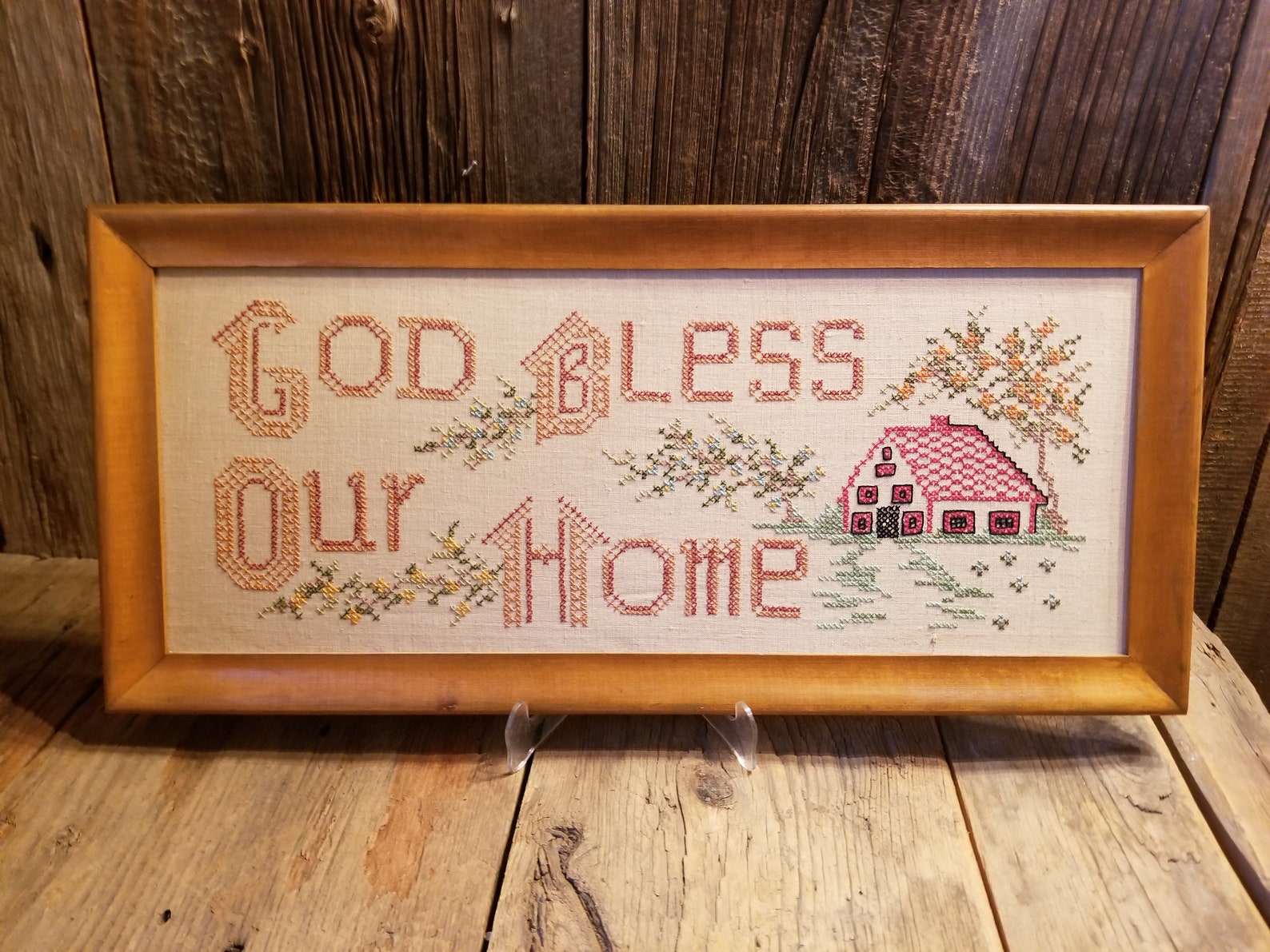 Vintage Framed Cross Stitch God bless our home Etsy