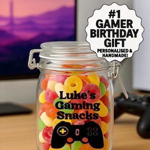 Gaming Snack Jar Label – Personalised Gamer Vinyl Sticker – Kids Party Favour – Custom Name Decal – Gamer Gift for Boys - Gaming lover