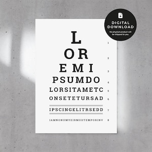 Puede incluir: Un gráfico de prueba de visión en blanco y negro con las letras L, OR, EMI, PSUMDO, LORSITAMETC, ONSETETURSAD, IPSCINGELITRSEDD e IAMNONUMYEIRMODTEMPORINV. El gráfico está etiquetado como "Descarga digital" y dice "No se enviará ningún producto físico."