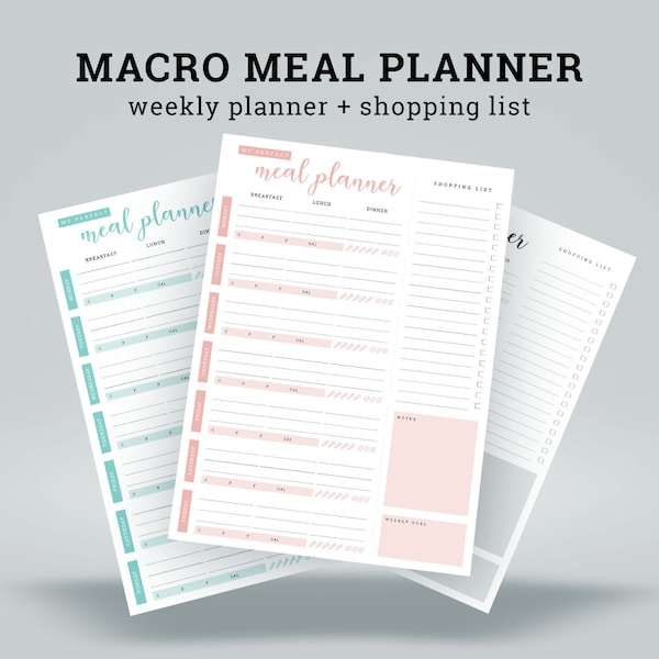 Printable Weekly Macro Meal Planner (Carbs, Protein, Fat, Fiber) with Grocery List for Diet or Healthy Living – DIN A4 Instant Download PDF