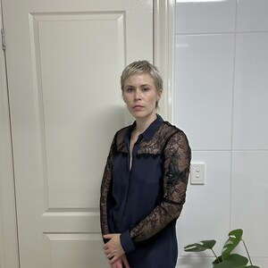 Witchery Blue and Black Silk Blouse w/ Lace Details