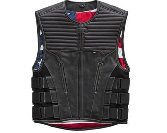 Leather Vest ,Mens Hunt Club USA Quilted Red Paisley Leather Build Denim Style Ride Motorcycle Vest