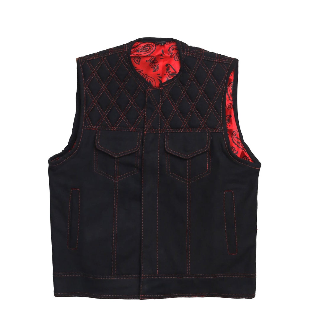 Black Denim Vest Leather Vest Red Stich Leather Motorcycle Etsy