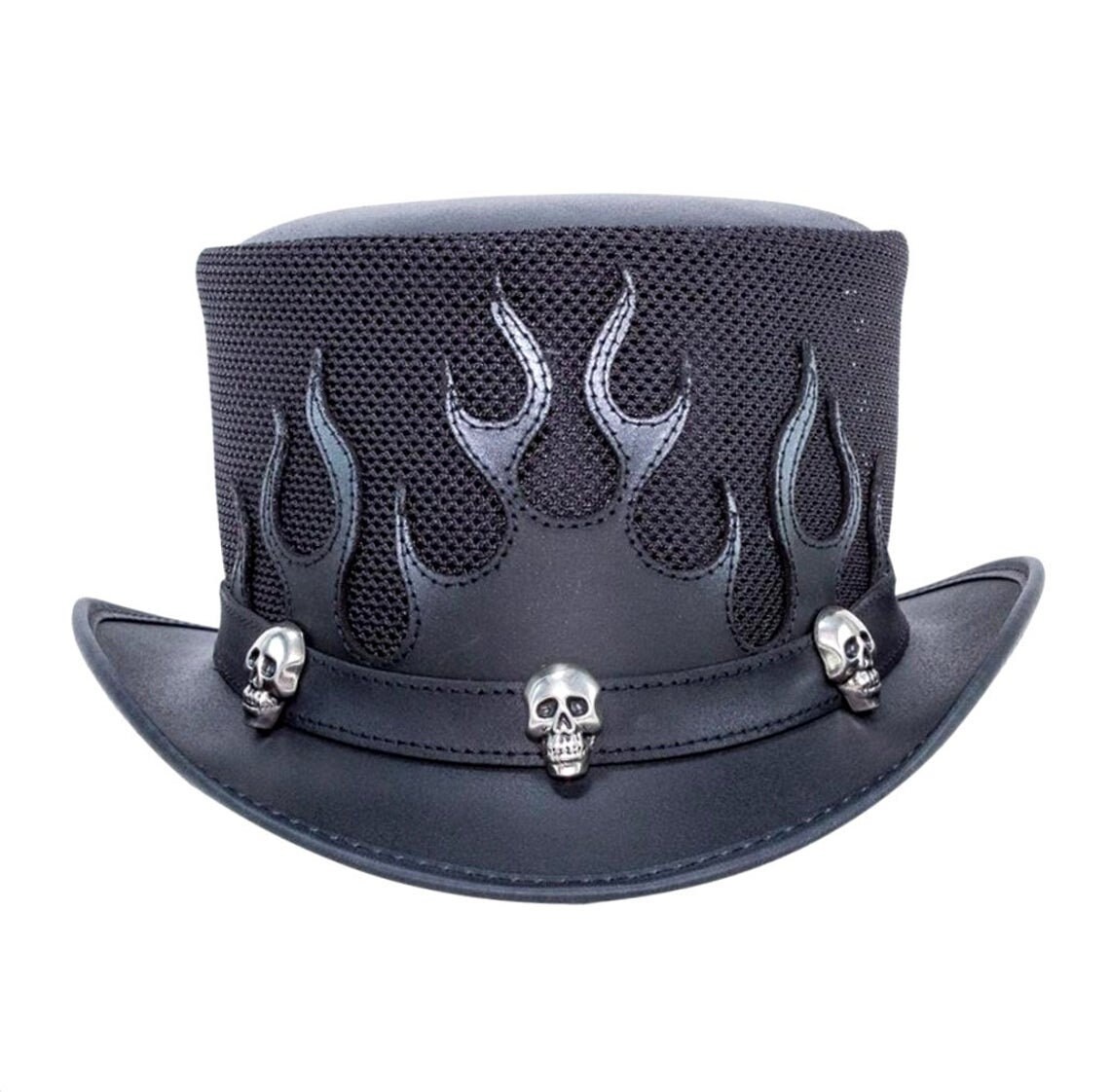 Top Hat Skulls Mens Black Leather Hat With Flames Mesh Design Etsy