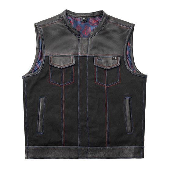 Denim Vest Red Blue Paisley Biker Vest 