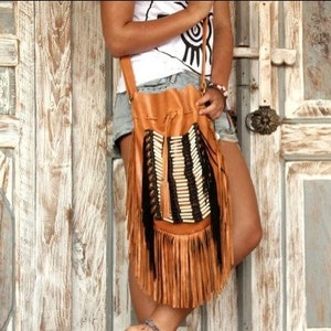 Hand Made Leather Fringes Bag , Cross Body Bag Western Tan Brown Leather Ladies Bag , Boho Fringe Purse Gifts for Her , Gifts for Women