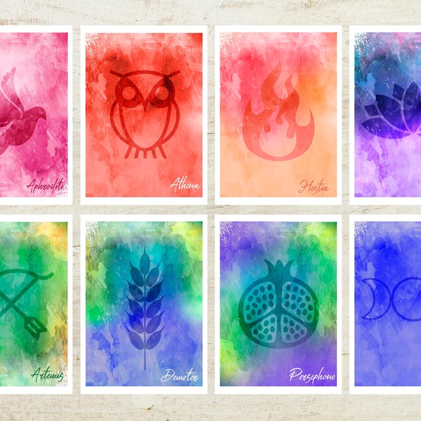 Greek Goddess symbols cards/8 Greek Goddess symbols cards in A4 format and smaller size/Digital Download.Athena,Hera,Aphrodite,Artemis