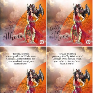 May include: A digital illustration of the Greek goddess Athena, depicted as a warrior woman with a spear and shield. She is wearing a red and gold dress and a helmet. The background is a colorful sunset with clouds. The text "Goddess Athena" is written in a decorative font at the bottom of the image. The text "You are a warrior, you are guided by Wisdom and Courage. Don't hesitate to act, your mind is clear and your heart is brave!" is written at the top of the image.