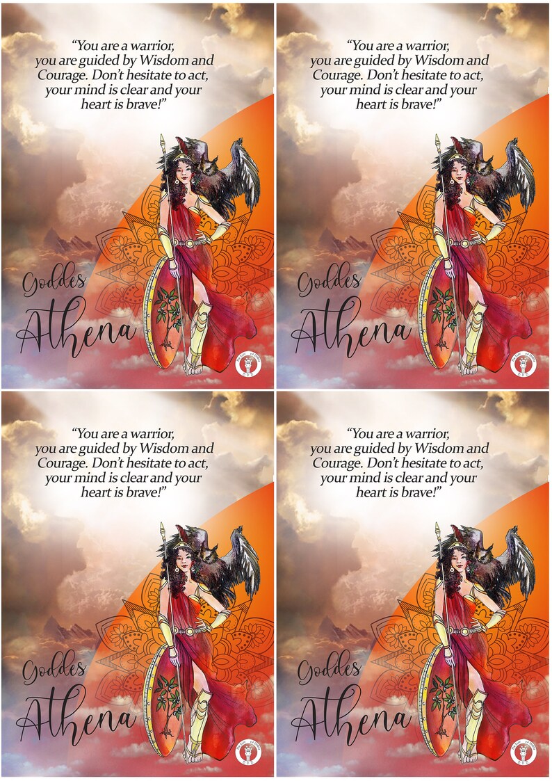 May include: A digital illustration of the Greek goddess Athena, depicted as a warrior woman with a spear and shield. She is wearing a red and gold dress and a helmet. The background is a colorful sunset with clouds. The text "Goddess Athena" is written in a decorative font at the bottom of the image. The text "You are a warrior, you are guided by Wisdom and Courage. Don't hesitate to act, your mind is clear and your heart is brave!" is written at the top of the image.