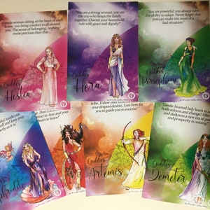 May include: A set of 8 colorful cards featuring illustrations of Greek goddesses. Each card has a different goddess with a quote about her attributes. The goddesses are Hestia, Hera, Persephone, Aphrodite, Artemis, Demeter, Athena, and Hecate.