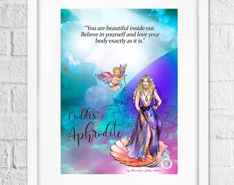 Goddess Aphrodite art print/Goddess of Beauty and Love poster/ Greek Goddess Aphrodite print/A5 print, bonus 4 cards