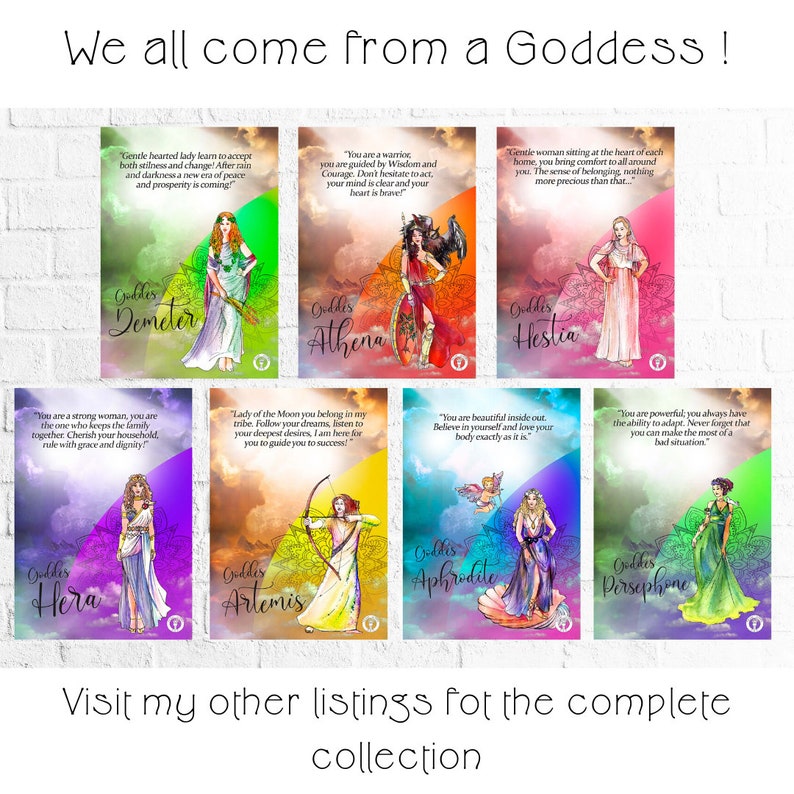 May include: A collage of eight colorful illustrations of Greek goddesses, each with a different name and a quote about their personality. The goddesses are depicted in various poses, including standing, sitting, and holding objects. The background is a brick wall.