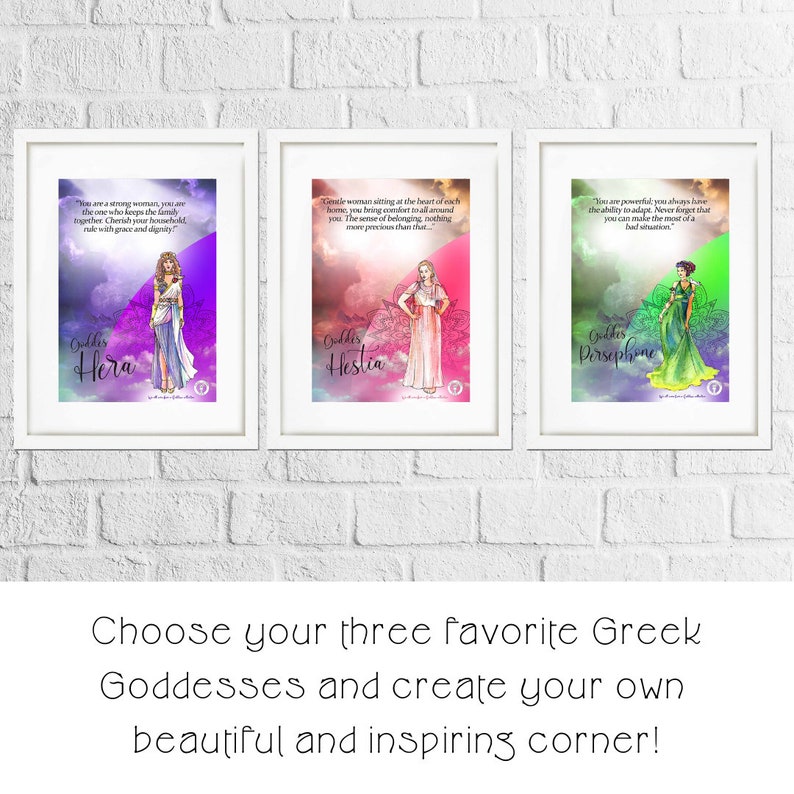 May include: Three framed prints featuring illustrations of Greek goddesses Hera, Hestia, and Persephone. Each print includes a quote about the goddess and a colorful background.