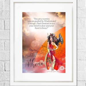 May include: A digital illustration of the Greek goddess Athena, depicted as a warrior woman with a spear and shield. The background is a colorful sunset with clouds and mountains. The text "You are a warrior, you are guided by Wisdom and Courage. Don't hesitate to act, your mind is clear and your heart is brave!" is written above the image. The text "Goddess Athena" is written below the image.