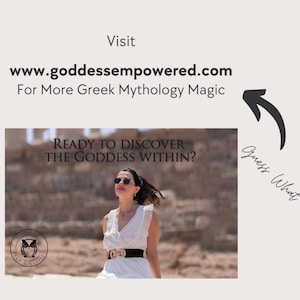 May include: A woman wearing sunglasses and a white dress stands in front of ancient ruins. The text "READY TO DISCOVER THE GODDESS WITHIN?" is displayed above her.