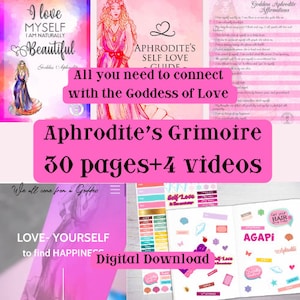 Puede incluir: Una descarga digital de una guía de amor propio inspirada en la diosa griega Afrodita. El producto digital rosa y blanco incluye 30 páginas y 4 videos. El texto "Aphrodite's Grimoire 30 pages + 4 videos" está en letras grandes, negritas y blancas sobre un fondo rosa. El texto "All you need to connect with the Goddess of Love" está en letras blancas sobre un fondo rosa. El texto "Love Yourself to find Happiness" está en letras blancas sobre un fondo rosa.
