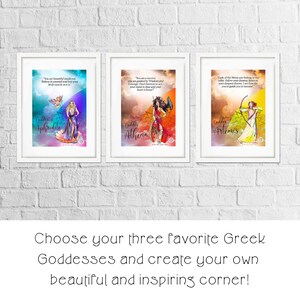May include: Three framed prints of Greek Goddesses, Aphrodite, Athena, and Artemis. Each print features a colorful illustration of the Goddess with a quote about her. The prints are on a white brick wall.