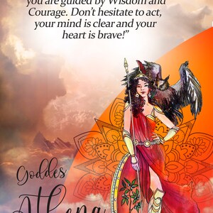 May include: A digital illustration of the Greek goddess Athena, depicted as a warrior woman with an owl perched on her shoulder. She is holding a spear and shield, and the background is a colorful sunset with clouds. The text "You are a warrior, you are guided by Wisdom and Courage. Don't hesitate to act, your mind is clear and your heart is brave!" is written above her. The text "Goddess Athena" is written below her.