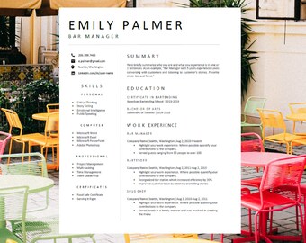 Professional Resume Template: Bar Manager, Restaurant, Tourism (DOCX)