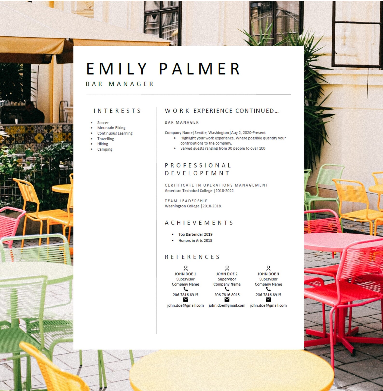 Professional Resume for Bar Manager Bartender Cook Hostess - Etsy