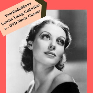 Puede incluir: Una colección de películas en DVD en blanco y negro con Loretta Young. La portada incluye un retrato de la actriz y enumera títulos de películas de 1931-1951. También se ve el texto "YourRadioShows Loretta Young Collection 6 - DVD Movie Classics".