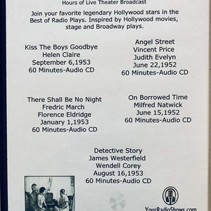 May include: A DVD case for "Best Radio Plays Collection Volume 2." The cover lists classic radio plays with actors like Vincent Price. The disc is labeled "Made in USA Audio CD" and features a vintage photo.