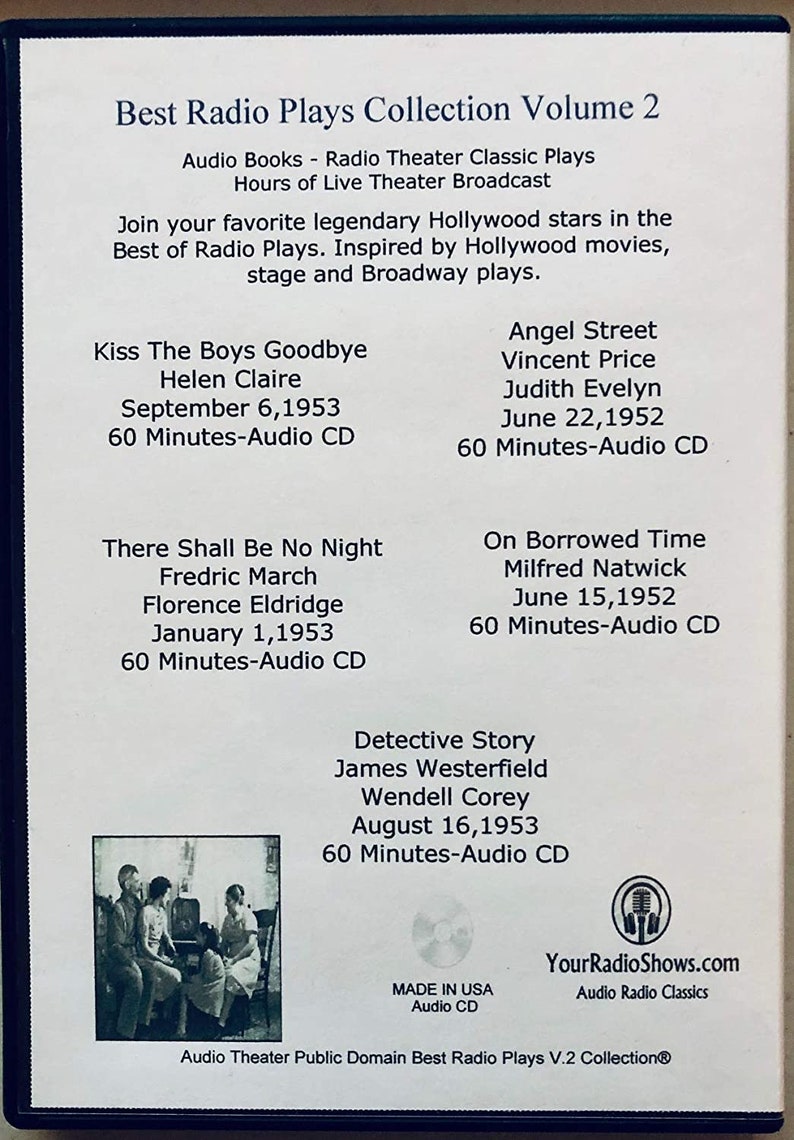 May include: A DVD case for "Best Radio Plays Collection Volume 2." The cover lists classic radio plays with actors like Vincent Price. The disc is labeled "Made in USA Audio CD" and features a vintage photo.