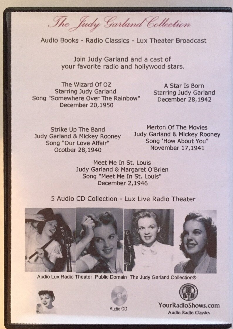 Pode incluir: Uma caixa de CD com "The Judy Garland Collection" com cl&aacute;ssicos de r&aacute;dio. A capa lista os t&iacute;tulos das m&uacute;sicas e as datas. Fotos de Judy Garland s&atilde;o exibidas. A cole&ccedil;&atilde;o inclui 5 CDs de &aacute;udio.