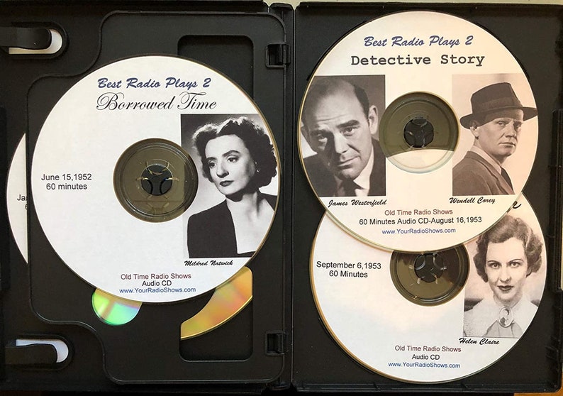 May include: A black CD case open to reveal four CDs. The CDs feature black and white images of actors and actresses. Text on the CDs reads "Best Radio Plays 2" and the titles of the plays. The CDs are labeled "Old Time Radio Shows Audio CD".