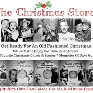 K&ouml;nnte beinhalten: Werbebild f&uuml;r "The Christmas Store" mit Vintage-Radioshow-CDs, klassischer Weihnachtsbildsprache und dem Text "Get Ready For An Old Fashioned Christmas". Das Bild enth&auml;lt Fotos von Vintage-Schauspielern und S&auml;ngern.