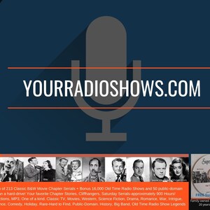 Pode incluir: Gr&aacute;fico azul escuro com uma ilustra&ccedil;&atilde;o de microfone e o texto "YOURRADIOSHOWS.COM". Abaixo, imagens em preto e branco de estrelas cl&aacute;ssicas da TV e do r&aacute;dio. Inclui um CD com o texto "Super Sampler".