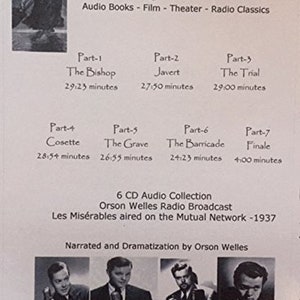 K&ouml;nnte beinhalten: Eine Schwarz-Wei&szlig;-Werbung f&uuml;r eine 6-CD-Audio-Sammlung von Orson Welles' H&ouml;rspielausstrahlung von Victor Hugos Les Mis&eacute;rables. Das Bild enth&auml;lt Text mit den Teilen und Zeiten sowie Fotos von Orson Welles.