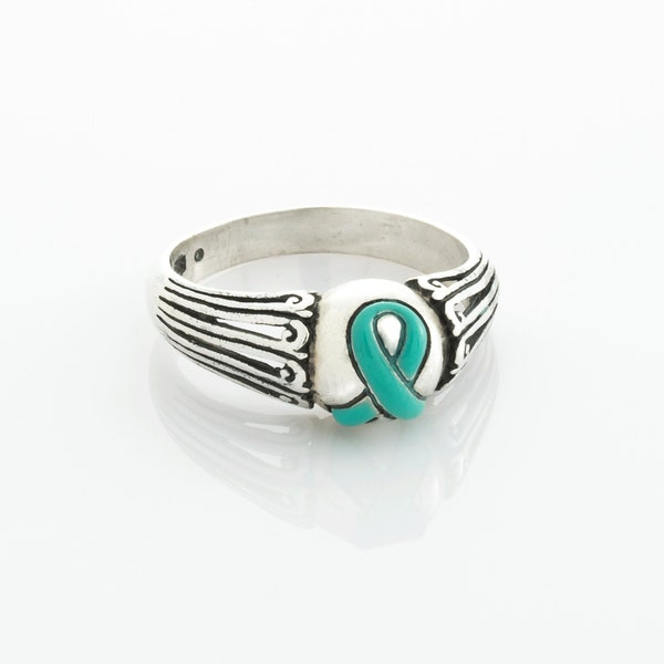 Teal Enamel Sterling Silver Awareness Ribbon Ring, Awareness Ribbon Rings, Ovarian Cancer Ribbon Ring, ARSR022