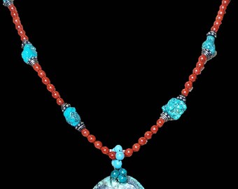 Turquoise Necklace with 4mm Coral Beads and Turquoise Donut Pendant 16 inches Long - OCBN01