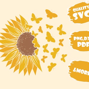 SunFlower With ButterFly,Svg,Pdf,Eps,Dxf,Png