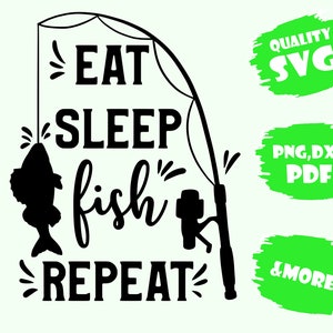 May include: Black and white silhouette of a fish on a fishing rod with the text "Eat Sleep Fish Repeat" in a stylized font. The image is a design for a t-shirt or other merchandise.