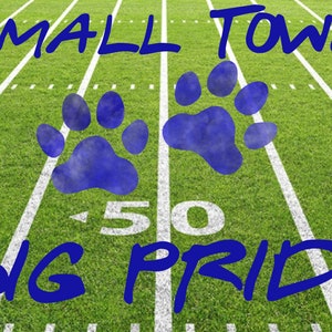 May include: A green football field with white lines and the words "SMALL TOWN BIG PRIDE" in blue. Two blue paw prints are in the center of the field.