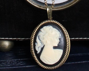 Large Oval Oxidized Brass Victorian Lady Cameo Locket on a Matching Belcher Chain