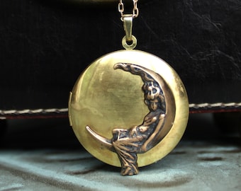 Art Nouveau Style Antiqued Brass Moon Goddess Locket