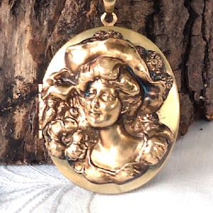 Extra Large Victorian Inspired Antiqued Brass Cameo Locket Necklace