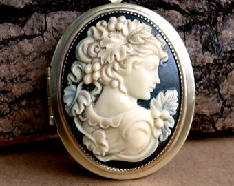 Large Oval Polished Brass Victorian Lady Cameo Locket on a Matching Belcher Chain