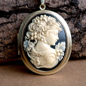 Large Oval Polished Brass Victorian Lady Cameo Locket on a Matching Belcher Chain